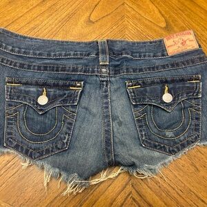 True Religion Joey Cut Off Denim Shortie Shorts 32 Festival Low Rise